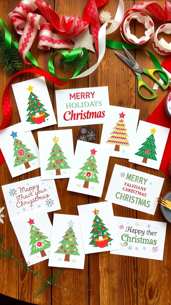 A variety of handmade Christmas cards with different designs on a wooden table surrounded by craft supplies.